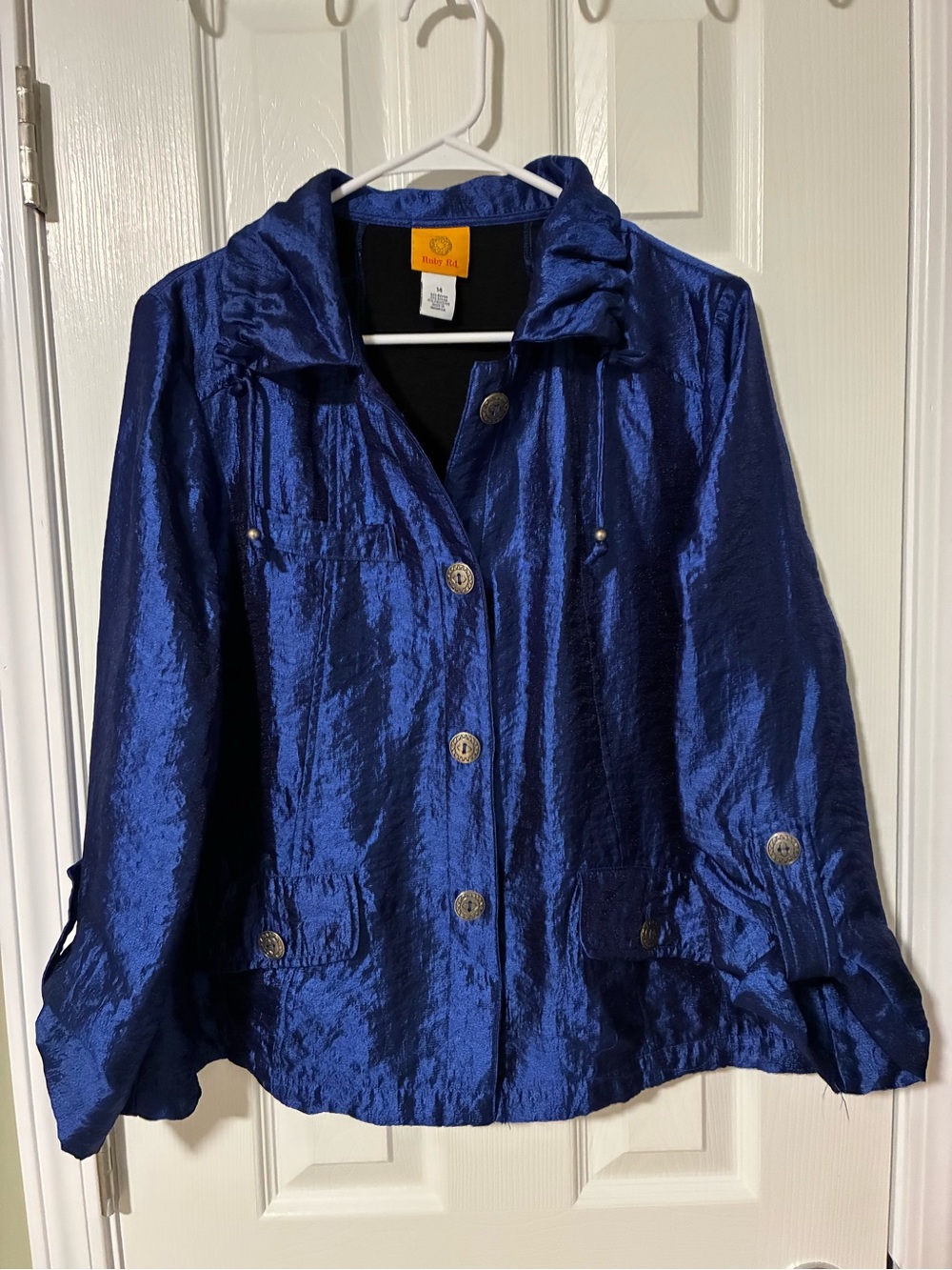 Ruby Rd. Shiny Royal Blue Button-Front Jacket